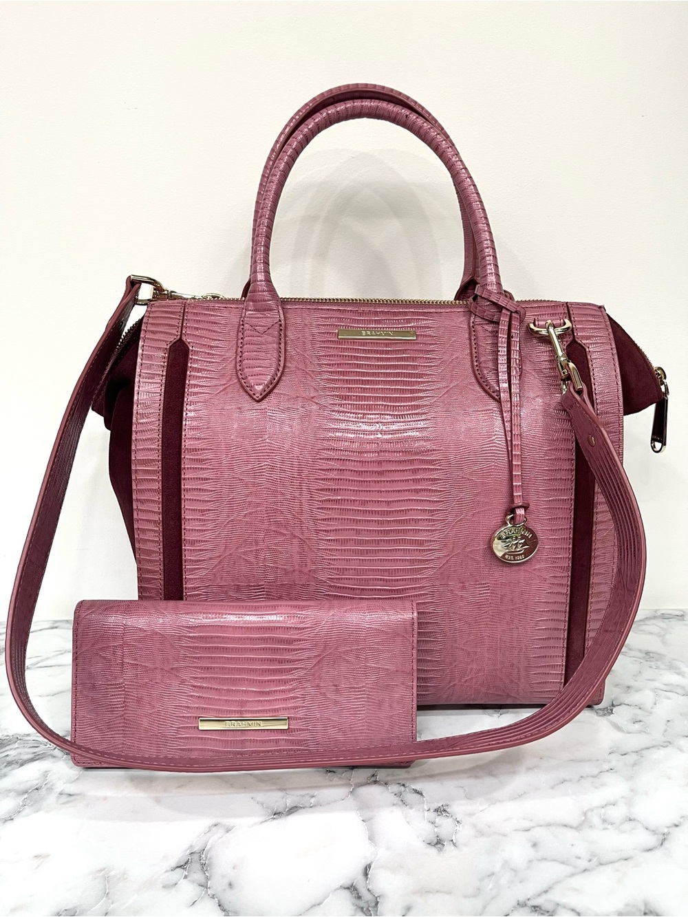 Brahmin Caroline Satchel & Wallet in Rose Thornfield Lizard Embossed Mauve NWOT